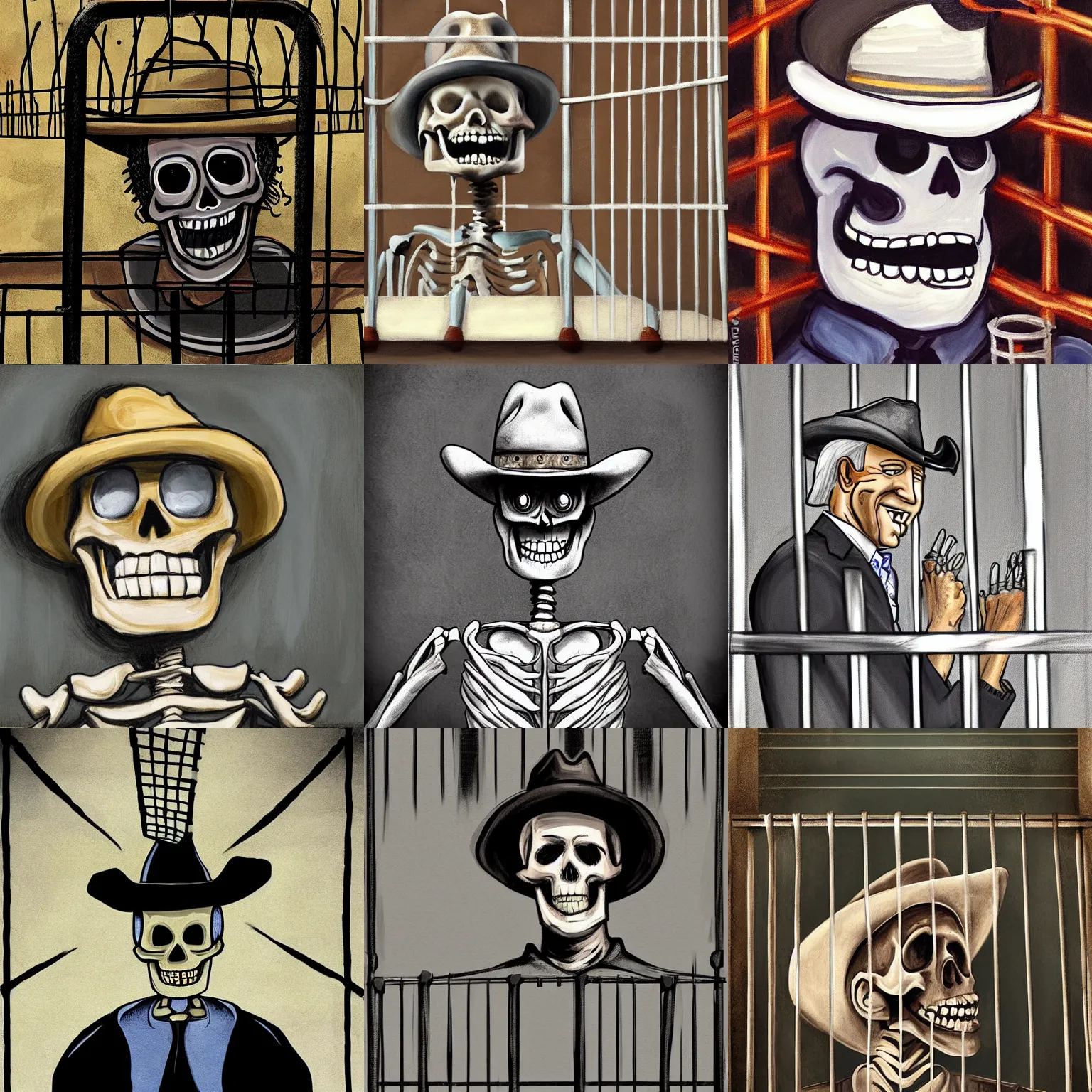 Prompt: a cartoon skeleton in a cowboy hat in prison behind bars as portrait joe biden laughs at him. painting. trending. cinematic. epic. highly detailed. 8 k