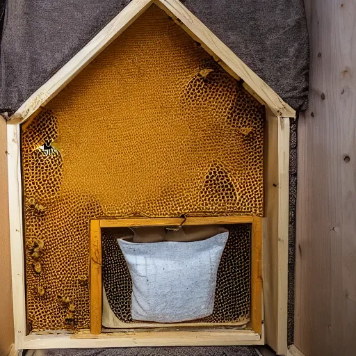 Prompt: bed inside a bee hive chamber