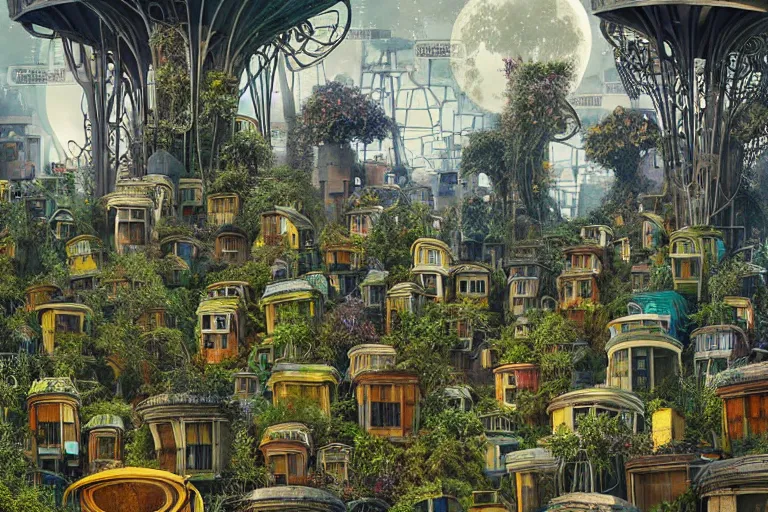 Prompt: futuristic foliage overgrowing detailed favela graveyard honeybee hive, art nouveau environment, industrial factory, award winning art, epic dreamlike fantasy landscape, ultra realistic,