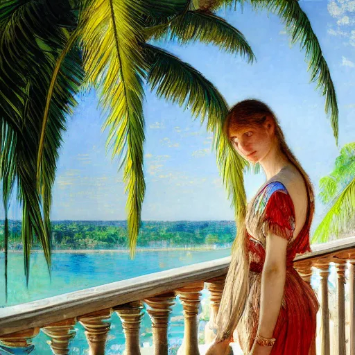 Image similar to a ultradetailed beautiful painting of a girl in the amazonas palace balustrade designed by jules bastien - lepage, hans belmer, frank weston and gustave baumann, beach, trending on artstation, mediterranean, palm trees, refracted color sparkles, sharp focus, soft light, 8 k 4 k