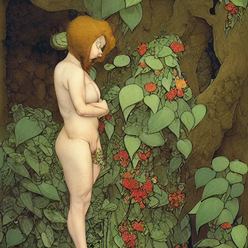 Image similar to chubby Physique Portrait of a Orchid Guy wearing an Ivy costume poison oak disguised as a human standing atop a lichen covered stone greg rutkowski jen bartel peter mohrbacher anna podedworna arthur rackham salvador dali octavio ocampo jacek yerka winslow homer norman rockwell inio asano prismacolor tombow quill