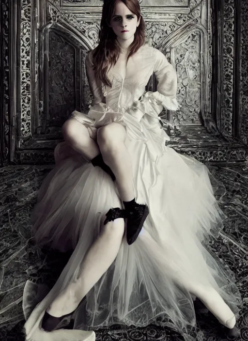 Image similar to Emma Watson for Victorian Secret as goth, squatting pose, full length shot, extremely detailed, XF IQ4, 50MP, 50mm, f/1.4, ISO 200, 1/160s, natural light, Adobe Lightroom, rule of thirds, symmetrical balance, depth layering, polarizing filter, Sense of Depth