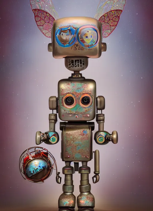 Image similar to closeup profile portrait of tin toy robot fairy, depth of field, zeiss lens, detailed, symmetrical, centered, fashion photoshoot, by nicoletta ceccoli, mark ryden, lostfish, breathtaking, 8 k resolution, extremely detailed, beautiful, establishing shot, artistic, hyperrealistic, octane render