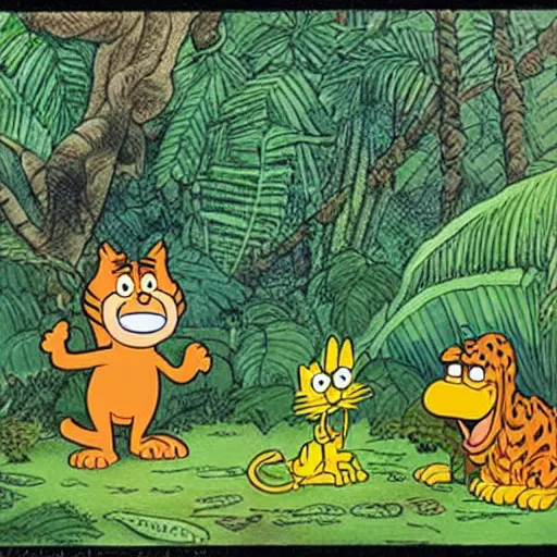 Image similar to Garfield and odie in the jungle, by Jim Davis