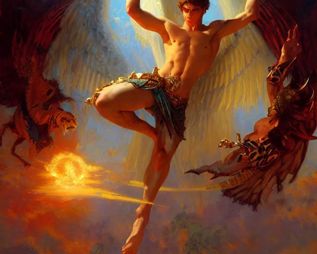 Image similar to attractive pagan male deity, summons handsome lucifer morning star. highly detailed painting by gaston bussiere, craig mullins, j. c. leyendecker 8 k