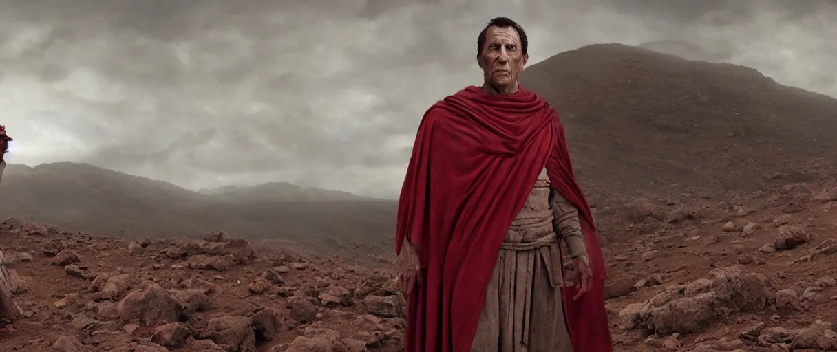 Image similar to the end is near. a tired and exhausted julius caesar somewhere in the atlas mountains. face is highly detailed. splices of red are running down his toga. mist. the soil is red. strong winds. dramatic sky. low angle wide shot. atmospheric. global illumination. octane render. imagined by jeremy lipking, greg rutkowski and eddie mendoza.