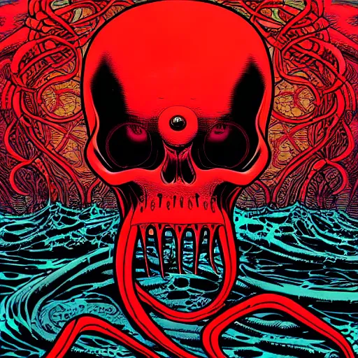 Prompt: a glowing red skull in the sea enveloped by jellyfish tendrils and black seaweed by josan gonzalez and dan mumford and laurie greasley and harry clarke, highly detailed, high contrast