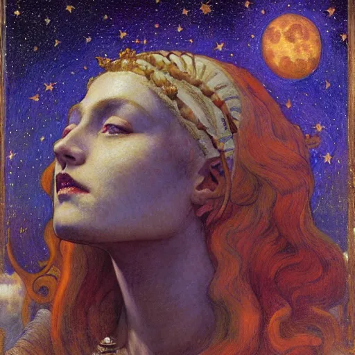 Prompt: queen of the moon with stars in her hair, by annie swynnerton and tino rodriguez and nicholas roerich and jean delville and donato giancola and diego rivera, dramatic lighting, god rays, geometric tattoos, rich colors, smooth sharp focus, extremely detailed, adolf wolfli