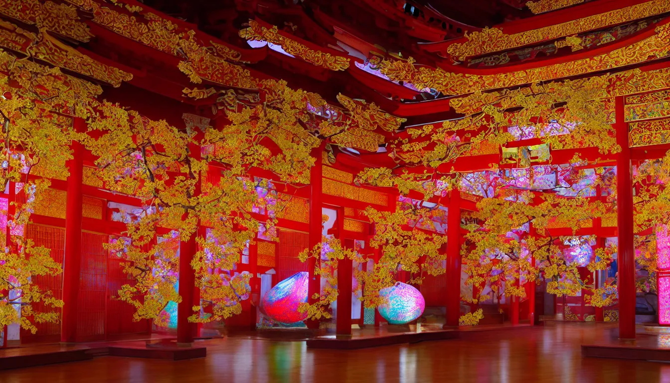 Image similar to volumetric lighting, flowing shimmering colourful fabrics, emerging sounds and an ancient male bearded face , inside a huge traditional Japanese Royal ornate temple , full colour , upscale , 4k