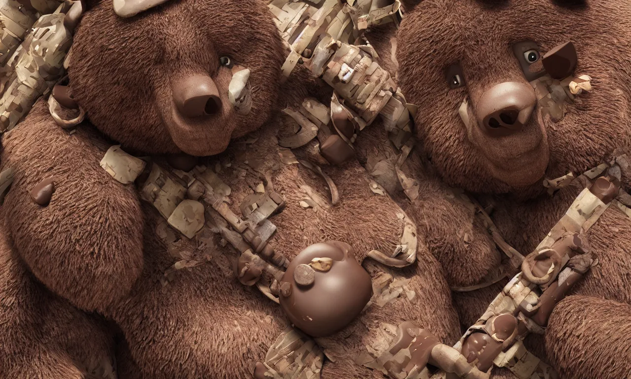 Prompt: The last chocolate bear soldier to survive a war between two bear villages. Pixar Style. Studio photographic portrait, medium shot, overhead view, trending on artstation, 4k ultra hd, super detailed, octane render,