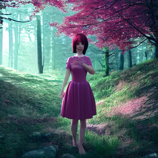 Image similar to a woman in a pink dress standing in a forest, a character portrait by ilya kuvshinov, cg society contest winner, neo - romanticism, ilya kuvshinov, daz 3 d, polycount