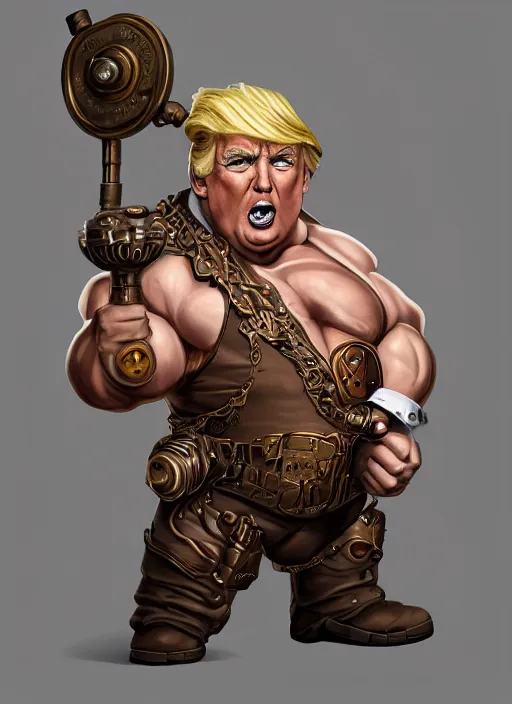 Prompt: steampunk dwarf donald trump is a muscular bodybuilder, au naturel, hyper detailed, digital art, trending in artstation, cinematic lighting, studio quality, smooth render, unreal engine 5 rendered, octane rendered, art style by klimt and nixeu and ian sprigger and wlop and krenz cushart.