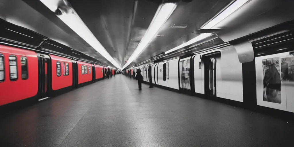 Image similar to photo, london underground, 5 0 mm f / 1. 4, cinestill 8 0 0,