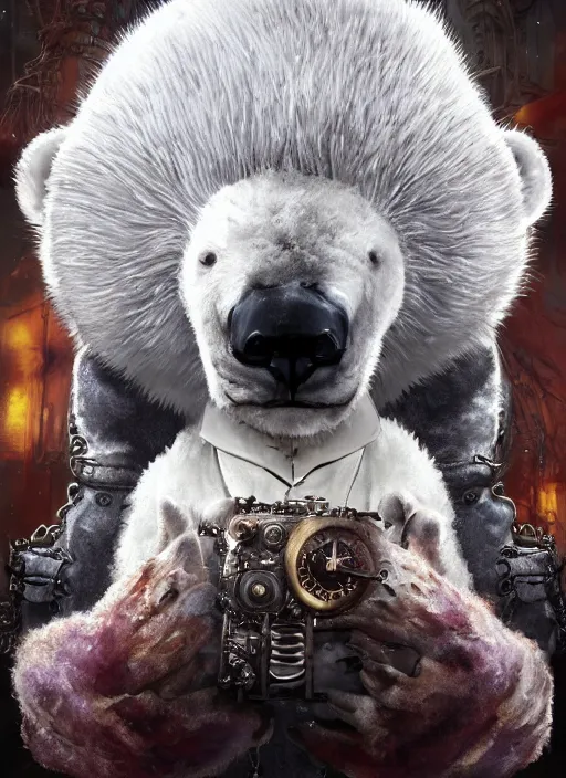 Image similar to white furry polar bear, steampunk googles, highly detailed, unreal engine 5, cinematic, 8 k, by megan duncanson, benjamin lacombe, adrian borda, stanley artgermm, tom bagshaw, craig mullins, carne griffiths, ayami kojima, beksinski, giger, trending on deviantart, hyper detailed, horror, full of colour