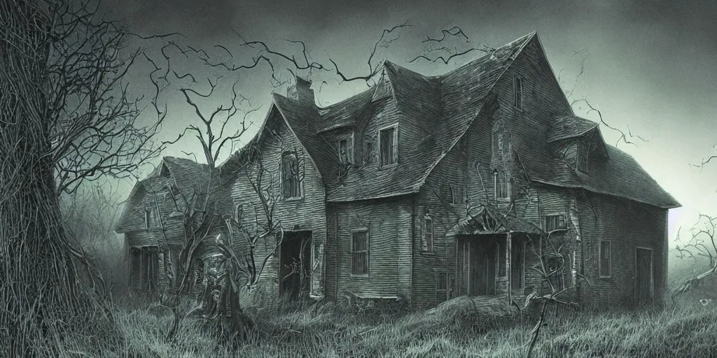 Image similar to a spooky farmhouse, tense horror atmosphere, rural village, cthulhu mythos, by michael whelan