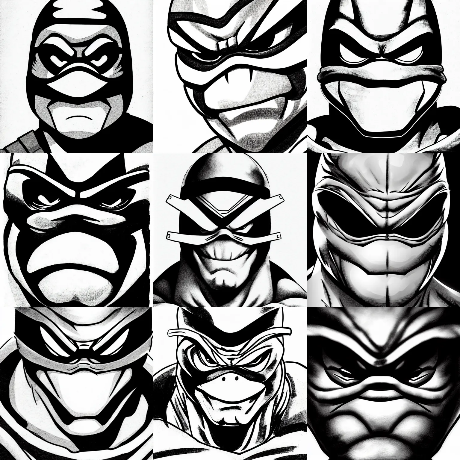 Prompt: anthropomorphic ninja turtle!!! jim lee!!! face macro shot!!! flat! ink sketch grayscale by jim lee close up in the style of jim lee, ( attention pose ) ninja! battle rugged hulk turtle animal superhero by jim lee