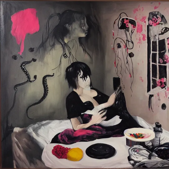 Image similar to a portrait in a female artist's bedroom, black walls, girl eating pancakes, emo t - shirt, sheet music, berries, surgical supplies, handmade pottery, flowers, sensual, octopus, neo - expressionism, surrealism, acrylic and spray paint and oilstick on canvas