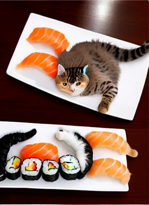 Image similar to clear photorealistic picture of adorable cats made out of sushi