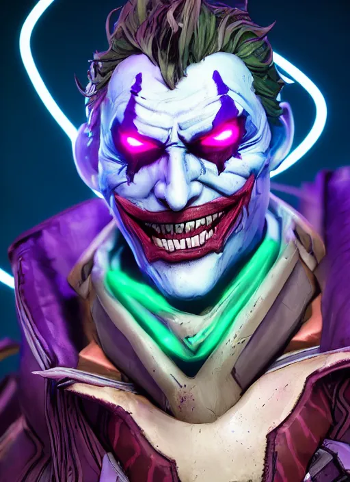 Image similar to glowwave portrait of joker from borderlands 3, heri irawan, hyper detailed, digital art, trending in artstation, cinematic lighting, studio quality, smooth render, unreal engine 5 rendered, octane rendered, art style by klimt and nixeu and ian sprigger and wlop and krenz cushart.