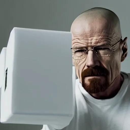 Image similar to walter white pushing a large grey cube in a large empty white room