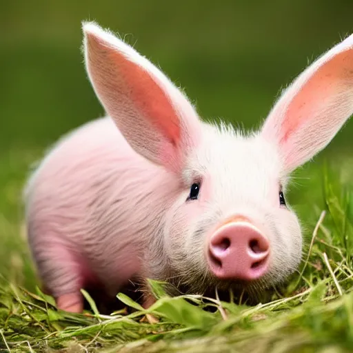 Prompt: a beautiful photograph of a piglet with bunny ears standing on grass