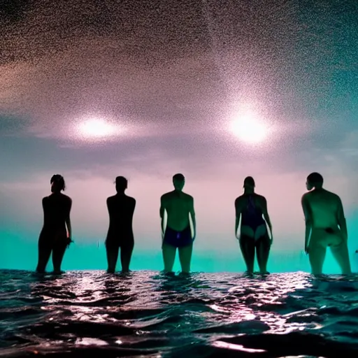 Prompt: swimming diverse groups of humans glowing sea at night, from behind, wide angle, elaborate, highly detailed, beautiful lighting