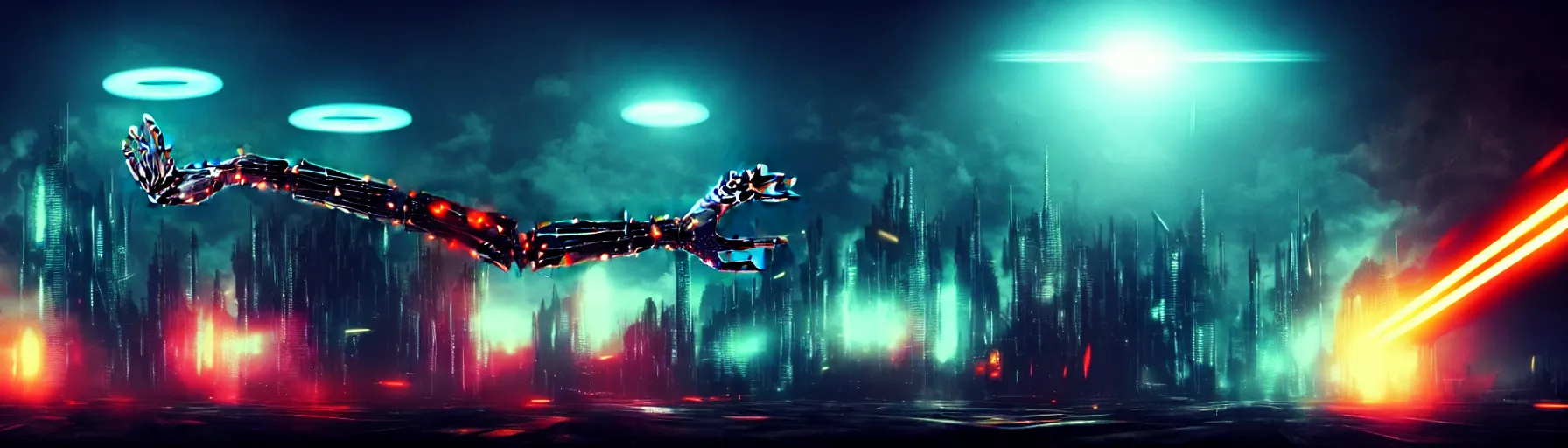 Image similar to apocalyptic ufo scene of cyborg arms with claws reaching out to try and catch fast moving ufos, in the style of blade runner, cyberpunk, laser, smoke, debris