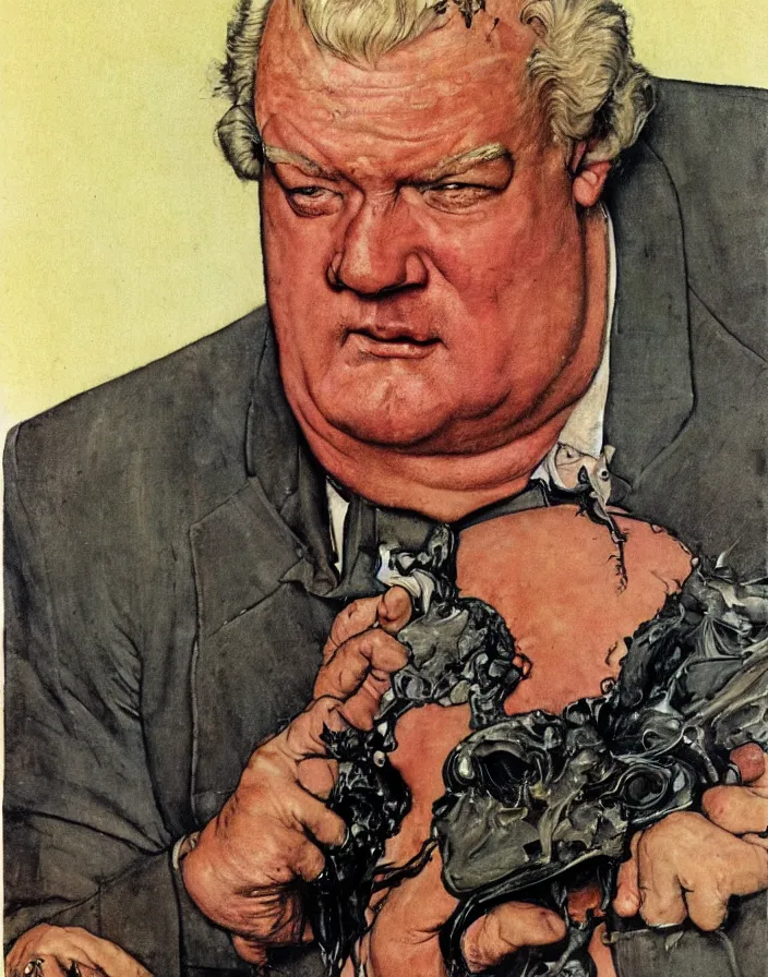 Image similar to head and shoulders portrait of actor kenneth mcmillan as the baron harkonnen in dune, norman rockwell, colour