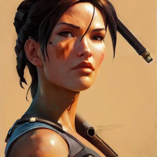 Image similar to greg manchess portrait painting of partially armored lara croft as overwatch character, close - up shot, asymmetrical, profile picture, organic painting, sunny day, matte painting, bold shapes, hard edges, street art, trending on artstation, by huang guangjian and gil elvgren and sachin teng