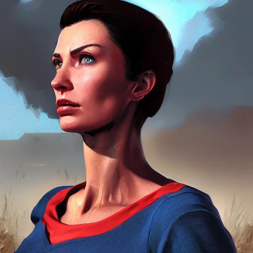 Image similar to portrait of a brunette thin woman with blue eyes in fallout 4, light stubble with red shirt, praying to god ,digital art,photorealistoc,art by greg rutkowski,hyperdetailed,western comic style,comic,comic style,sharp lineart,professional lighting,deviantart,artstation,trevor henderson,rossdtaws,cinematic,dramatic