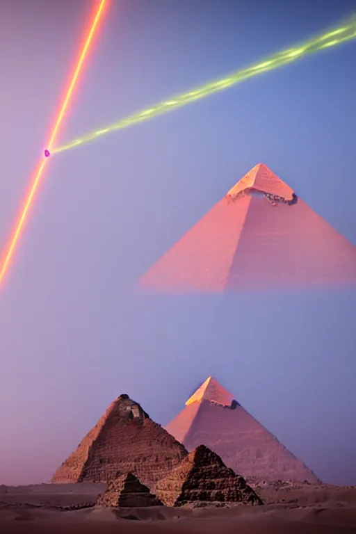 Image similar to egyptian pyramids is shooting tall laser beam in space in day light, photo by Marc Adamus,