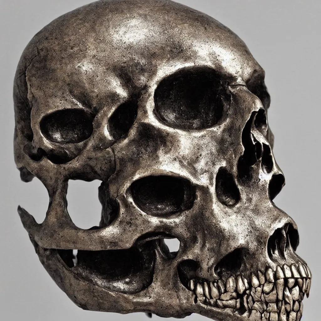 Image similar to a realistic metal sculpture of one skull, super detailed