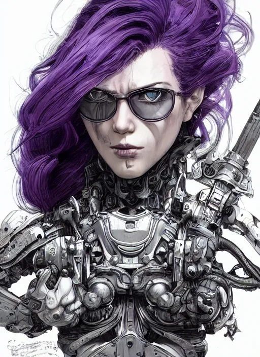 Image similar to close up portrait of a pale woman in power armor with intricate purple hair, powerful, domineering, stoic, masterful, intense, ultrafine hyperdetailed illustration by kim jung gi, irakli nadar, intricate linework, sharp focus, octopath traveler, yoji shinkawa, yoshitaka amano, concept art