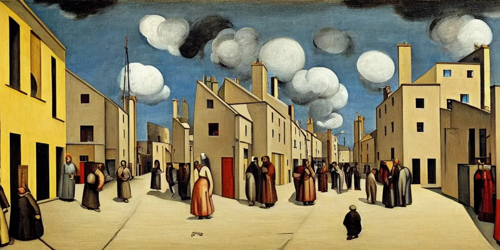 Prompt: a painting of street life in kirkwall, orkney, people,houses, by Giorgio de Chirico