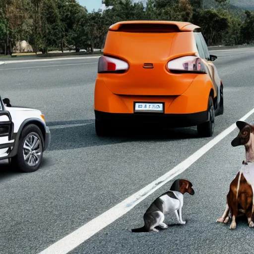 Prompt: a photo of a giant giant car at a crossroad in front of a small dog