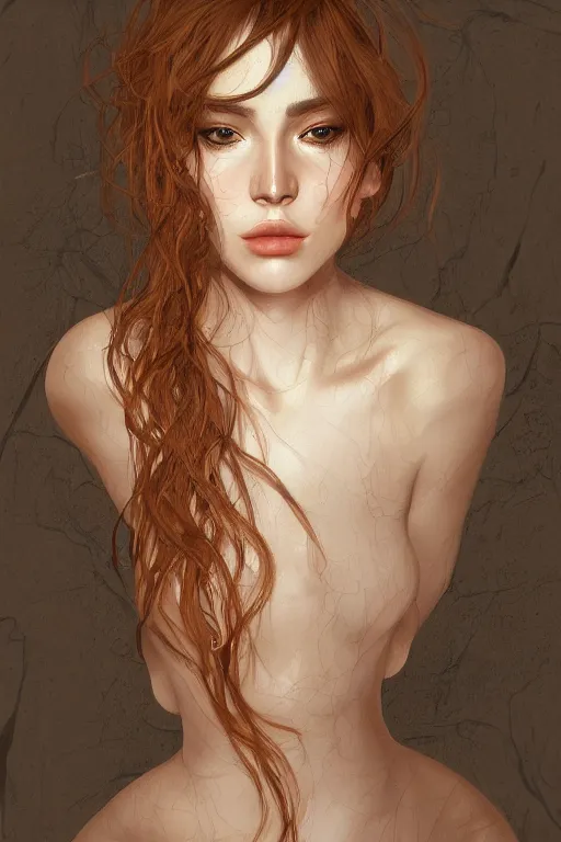 Image similar to Portrait of a Beautiful sad female model, elegant, digital painting, highly detailed, artstation, concept art, smooth, sharp focus, illustration, art by Klimt .