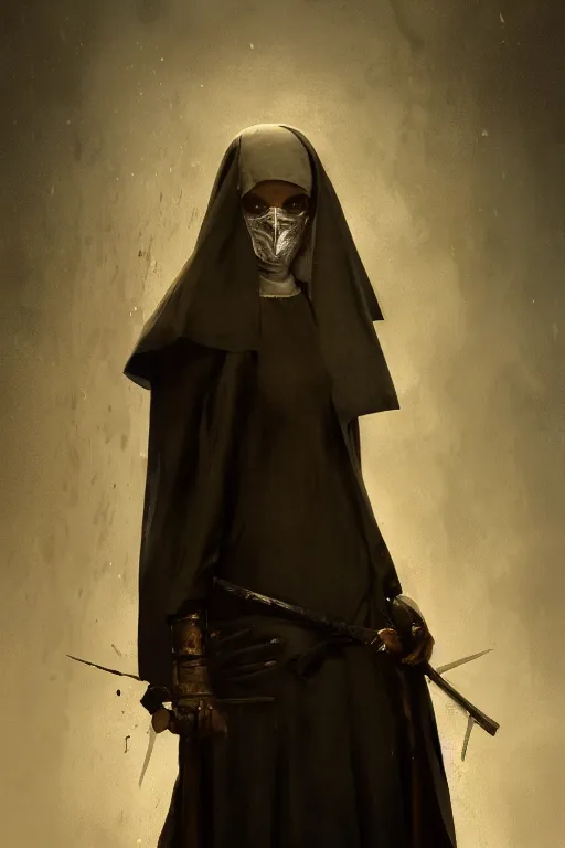 Image similar to The killer Nun with the iron mask, horror, illustrated by Greg Rutkowski and Caspar David Friedrich., Trending on artstation, artstationHD, artstationHQ, 4k, 8k