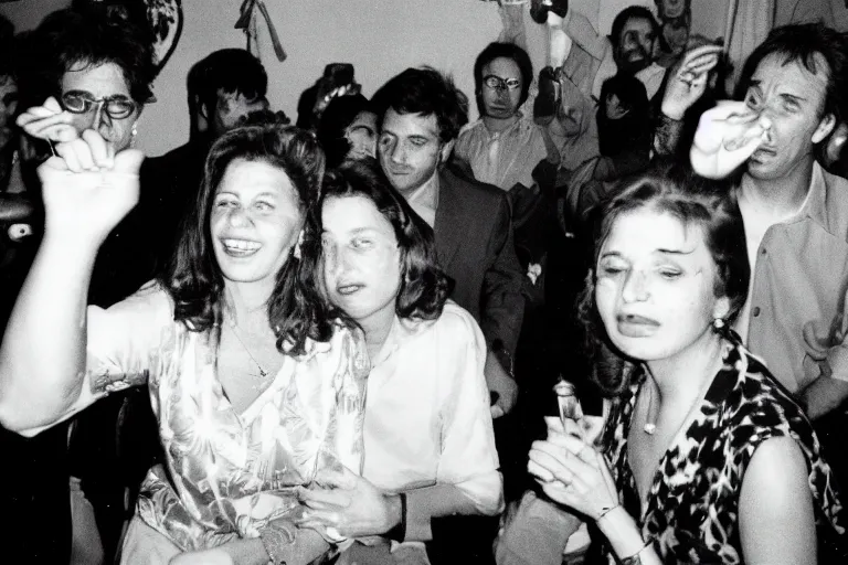 Prompt: close up portrait of situation during party in 1990's, in house, flash photography, photojournalism,