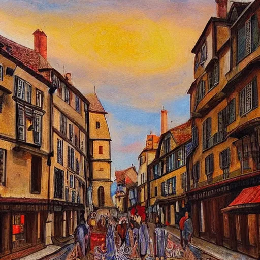 Prompt: beautiful medieval city, golden hour, lots of people in the street in the style of Ksenia Milicevic, French painter, architect and town planner
