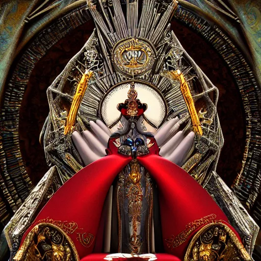Prompt: female pope on throne of lasers, intricate detail, royo, klimt, miro, vallejo, frazetta, giger, whealan, hd, unreal engine,