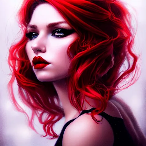 Prompt: a realistic illustration portrait of a beautiful kendrasunderland with curly black and red hair, black eyeliner, trending on artstation, hyper - realistic lighting, intricate, ross tran