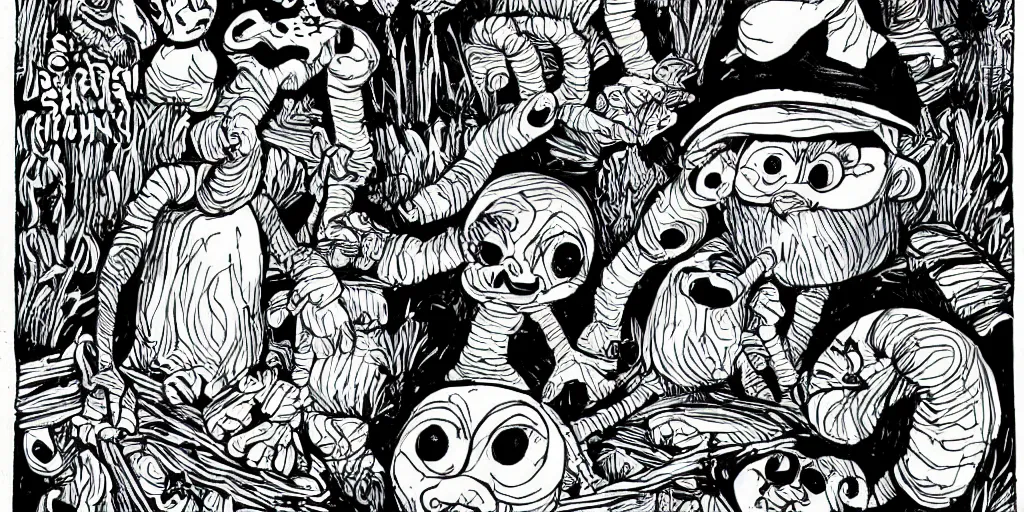 Image similar to smurfs and long whitr bones black and white, line art, pen & ink drawing