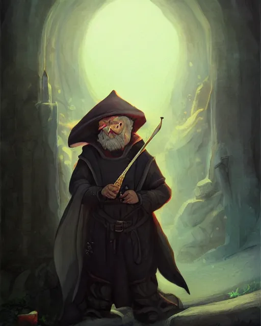 Image similar to male fantasy gnome spy, wearing a hooded cloak, playing a magical mandolin, shadowy figure by peter mohrbacher, artstation