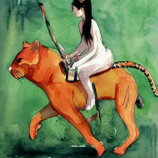 Image similar to girl riding a tiger, art, minimalistic painting, watercolor on paper, high quality, by Berthe Morisot, trending on artstation