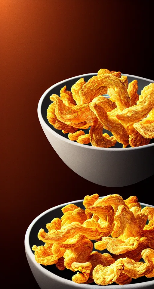 Prompt: eye level landscape Professional arrangement of breadcrumbs in a bowl on a table, surrounded by pork rinds, hyper realistic, ultra detailed, cinematic, dynamic lighting, photorealistic, refined, intricate, digital art, digital painting, masterpiece, 8k