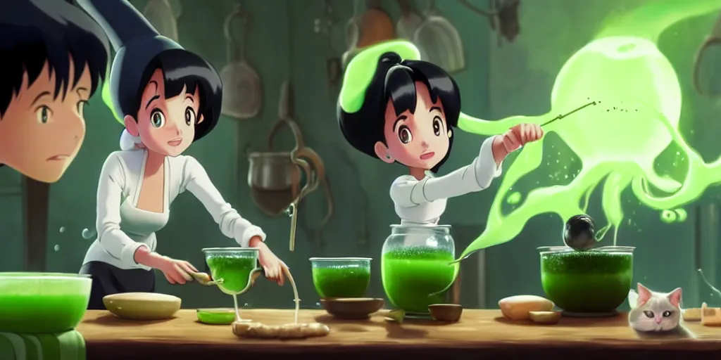 Image similar to a wholesome animation key shot of a ariana grande with black hair as a witch cooking a magic potion in her cauldron of bubbling green liquid as her cats watch, medium shot, waist up, studio ghibli, pixar and disney animation, sharp, rendered in unreal engine 5, anime key art by greg rutkowski, bloom, dramatic lighting