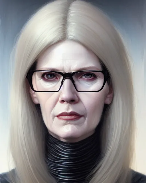 Prompt: portrait of thin blonde middle aged lady borg with glasses, giger, elegant, real life skin, intricate, high detailed, artstation, concept art, smooth, sharp focus, art by artgerm and greg rutkowski