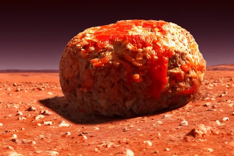 Image similar to a lonely meatball sandwich on mars, red lighting, sad,