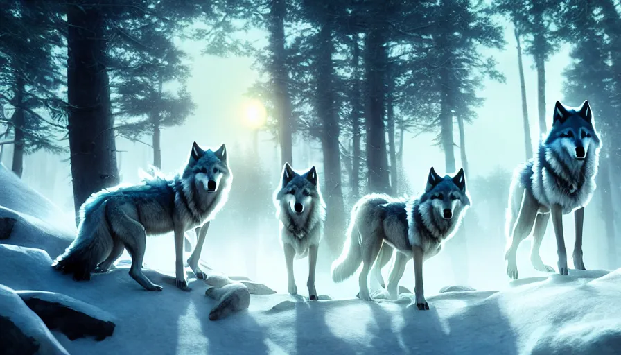 Image similar to dreamy fantasy pack of wolves, bright, white, epic scene, matte painting, highly detailed, high quality, 8 k, 4 k, octane render, digital painting, alena aenami, lilia alvarado, shinji aramaki, karol bak, alphonse mucha, tom bagshaw