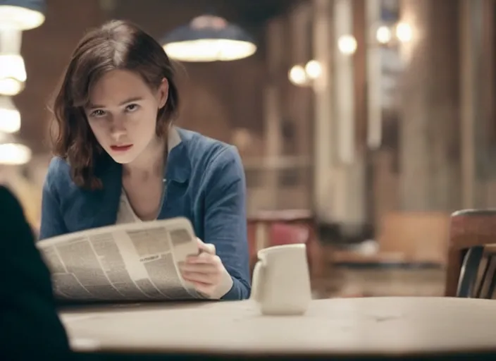 Image similar to film still. screenshot. young woman. sitting at a table. holding a newspaper. in public cafeteria. extremely detailed. directed by christopher nolan and denis villeneuve. 4 k.